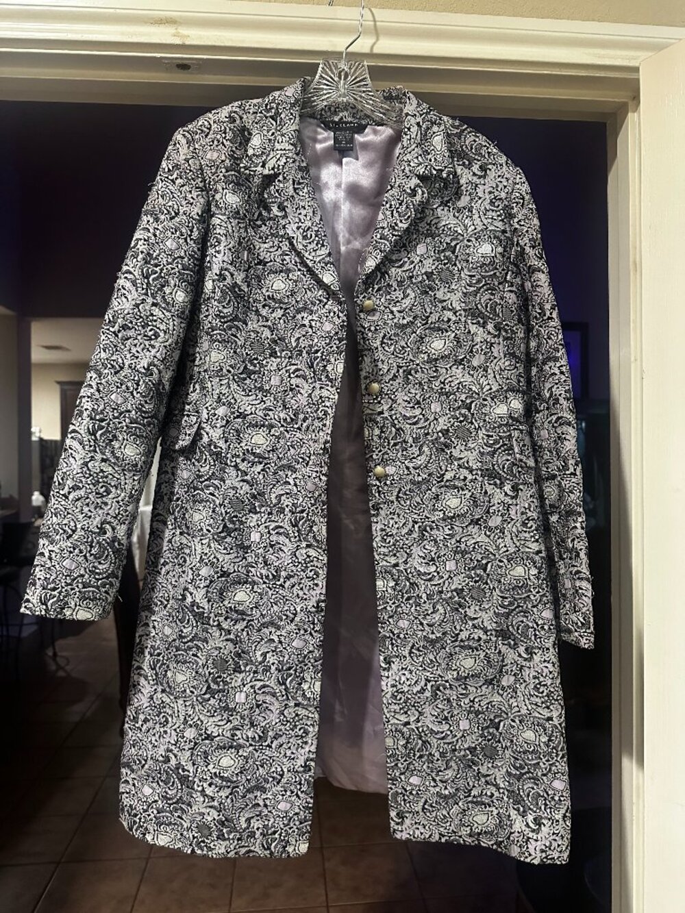 Elegant Black Silver/lavendr Brocade Long Jacket Coat Womens Size 14